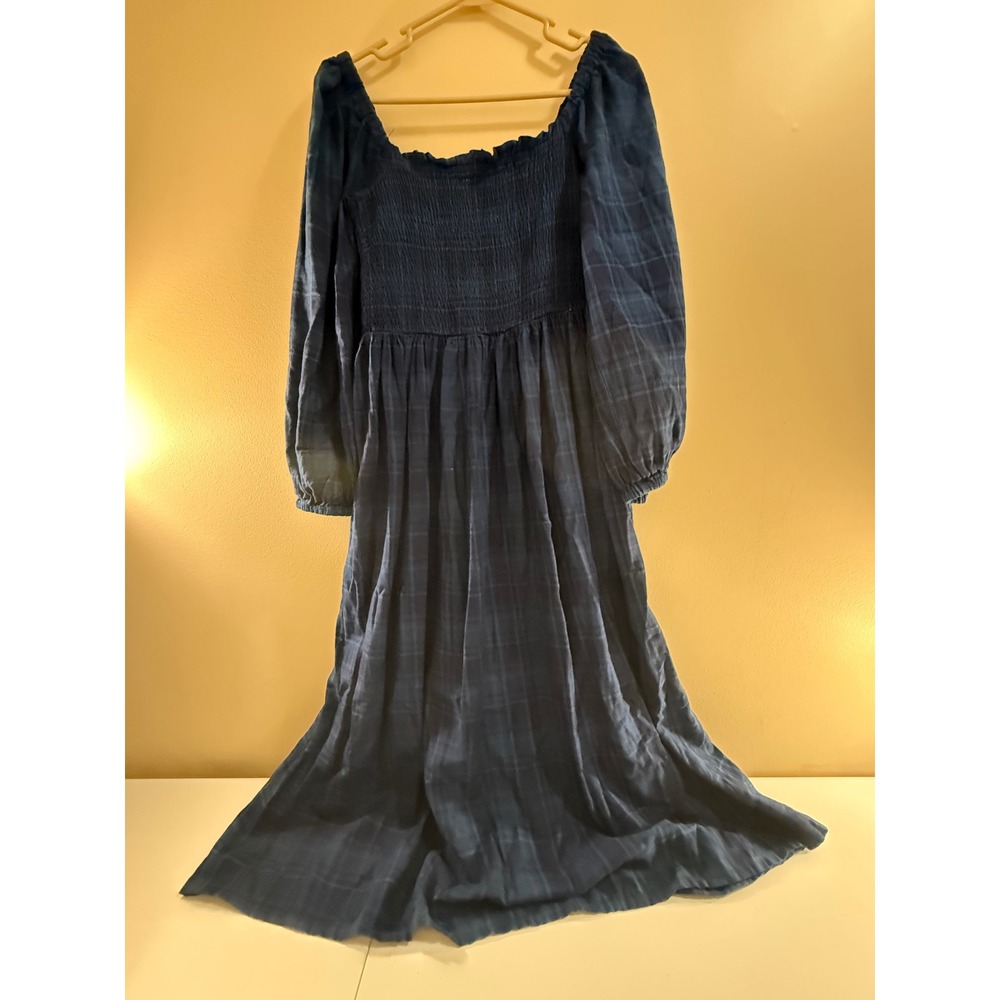 J.Crew Navy Blue Plaid Smocked Midi Dress Long Balloon Sleeve Size L